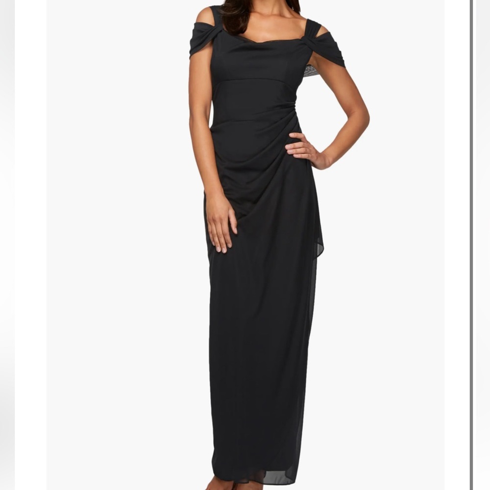 Alex Evenings Cold Shoulder Ruffle Gown Elegant Black Maxi Dress, Size 16W